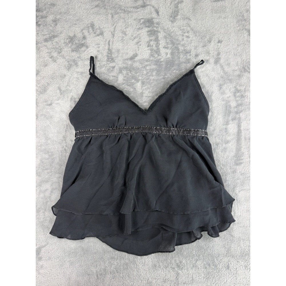Vintage Express 100% Silk Babydoll Cami Top Black Layered Ruffle Blouse Size M